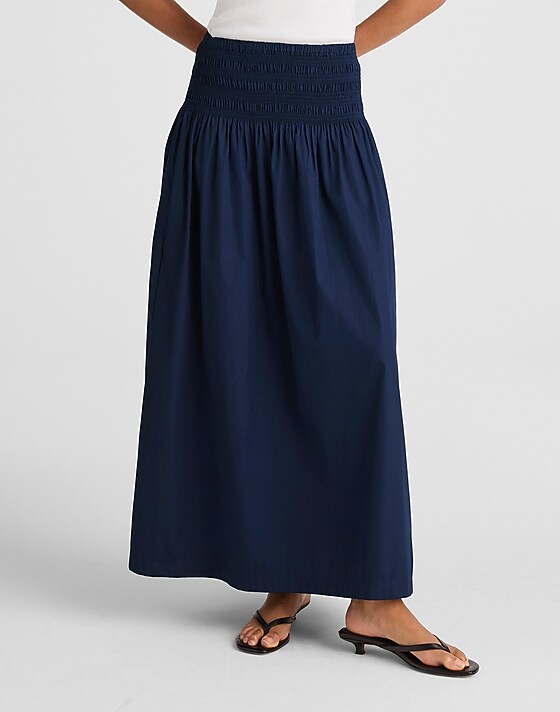 Madewell Smocked-Waist Poplin Midi Skirt Midnight Navy