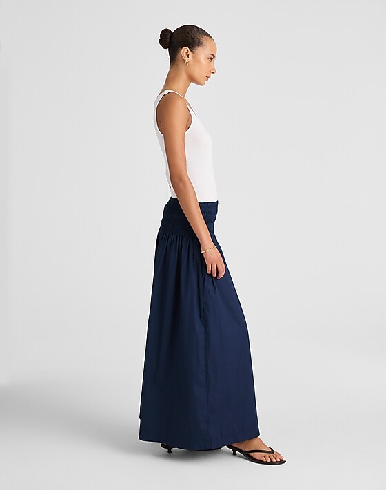 Madewell Smocked-Waist Poplin Midi Skirt Midnight Navy