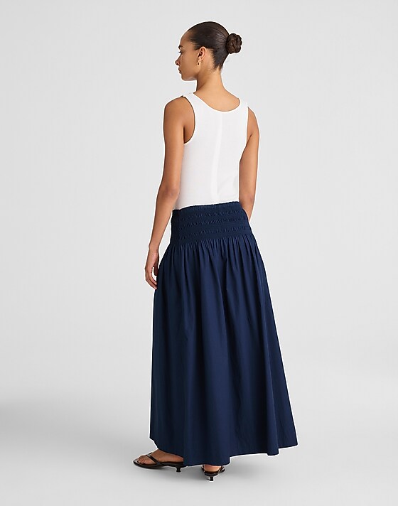 Madewell Smocked-Waist Poplin Midi Skirt Midnight Navy