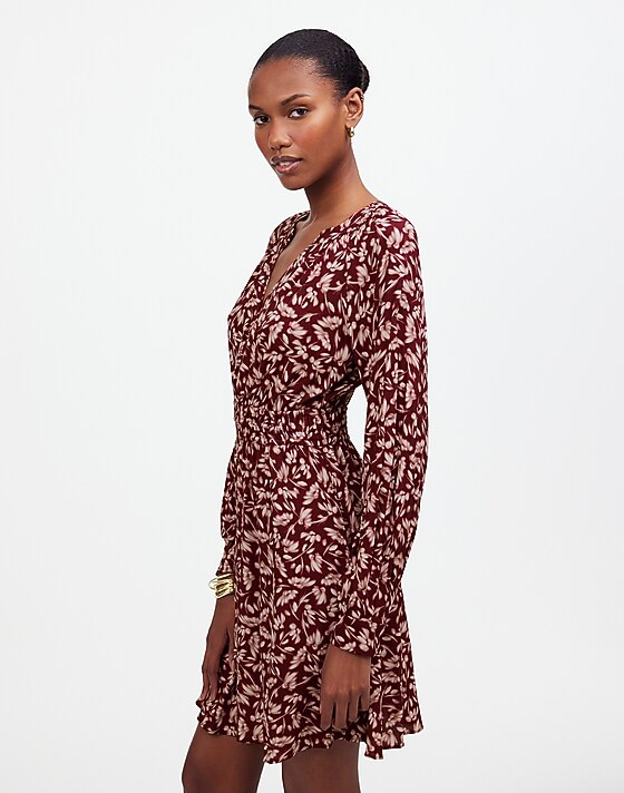 Madewell Smocked Y-Neck Mini Dress In Floral Bordeaux