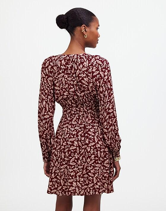 Madewell Smocked Y-Neck Mini Dress In Floral Bordeaux