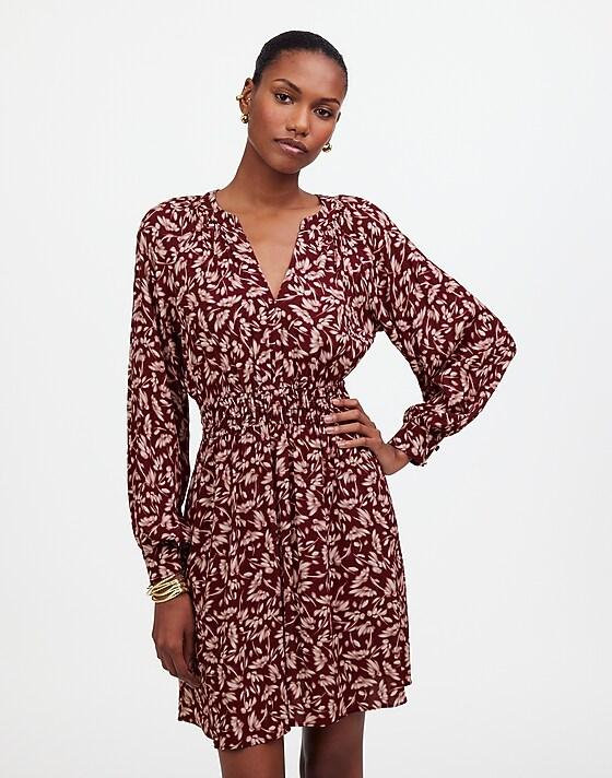 madewell Smocked Y-Neck Mini Dress in Floral bordeaux
