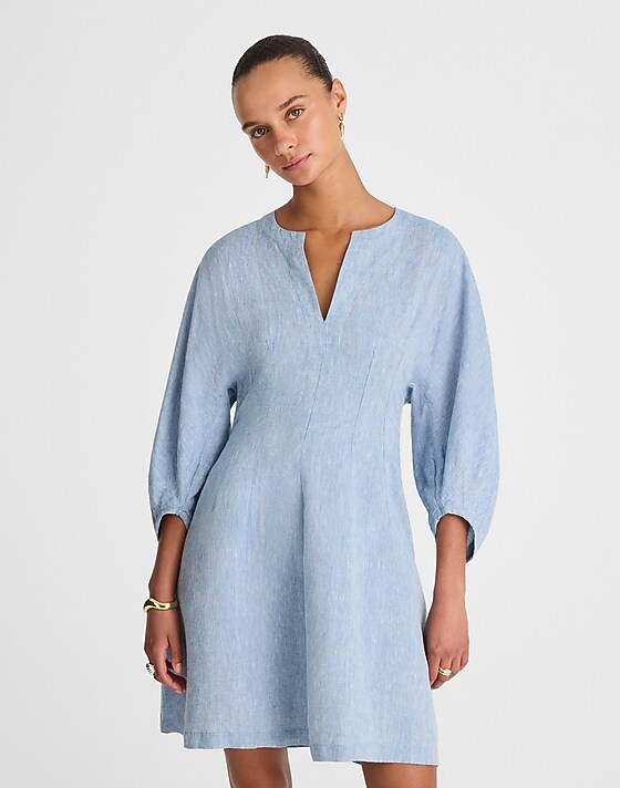 Madewell Splitneck Mini Dress In 100% Linen Sunfaded Blue