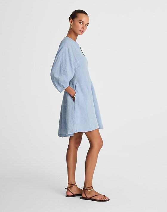 Madewell Splitneck Mini Dress In 100% Linen Sunfaded Blue