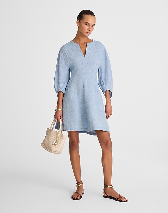 madewell Splitneck Mini Dress in 100% Linen sunfaded blue