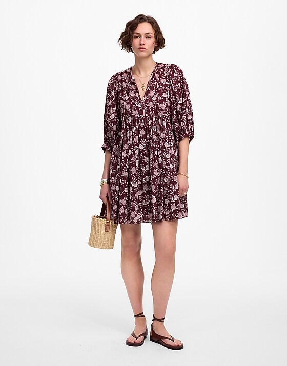 Madewell Splitneck Puff-Sleeve Dress In Floral Olivia Floral Dark Fig