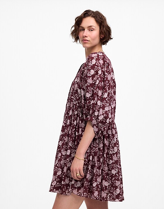 Madewell Splitneck Puff-Sleeve Dress In Floral Olivia Floral Dark Fig