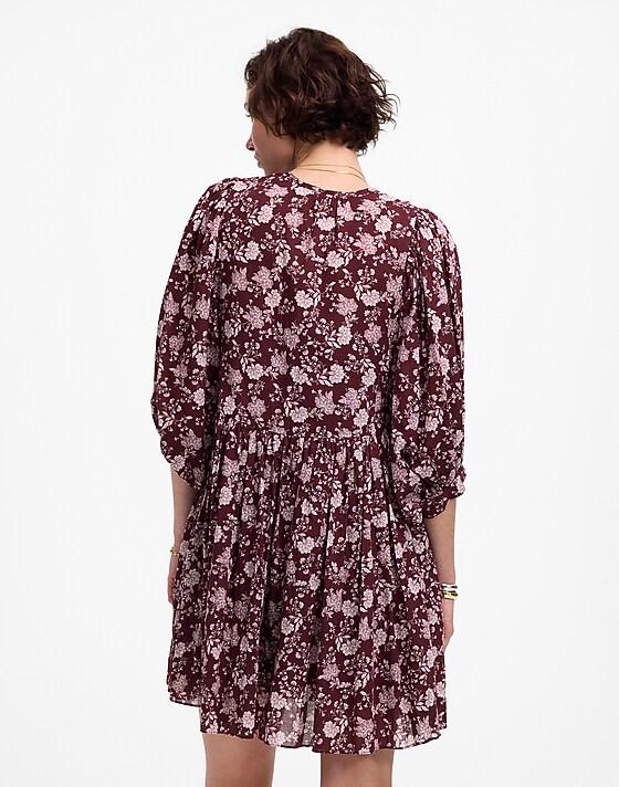 Madewell Splitneck Puff-Sleeve Dress In Floral Olivia Floral Dark Fig