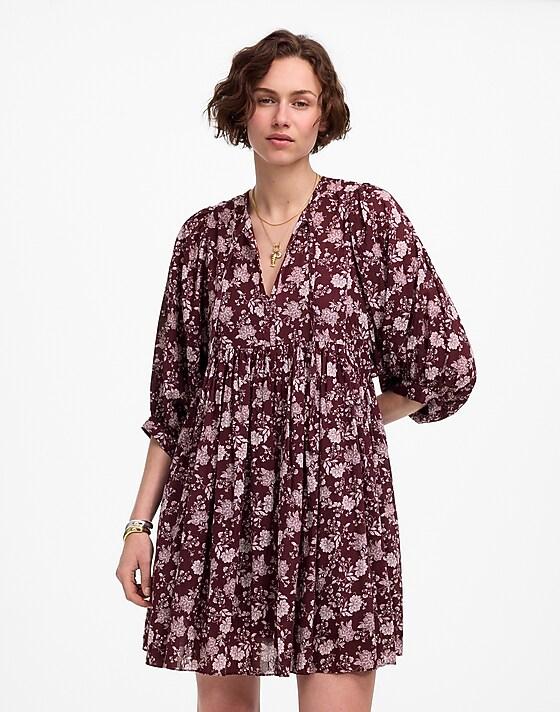 madewell Splitneck Puff-Sleeve Dress in Floral olivia floral dark fig