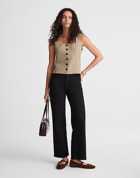 Madewell Squareneck Crop Vest In Plaid Brown Black Checkered Plaid
