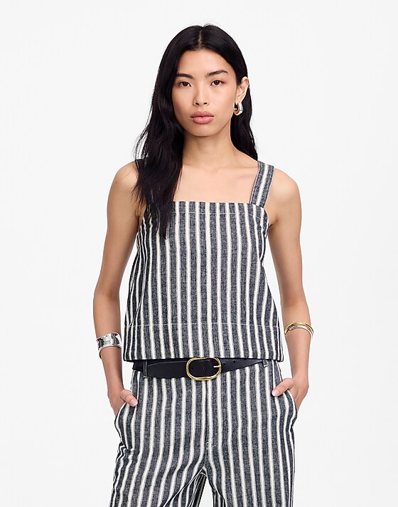 Madewell Squareneck Top In Linen Blend Stripe Navy White Stripe