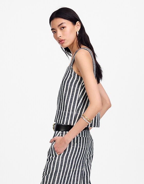 Madewell Squareneck Top In Linen Blend Stripe Navy White Stripe