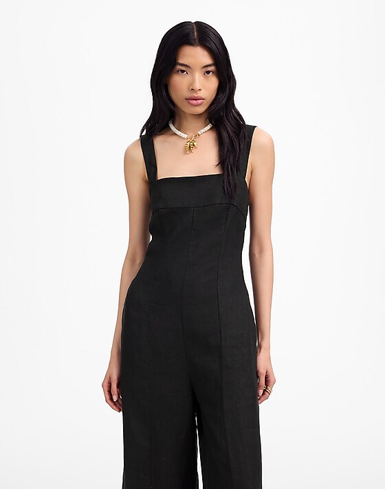 Madewell Squareneck Wide-Leg Jumpsuit In 100% Linen Jet Black