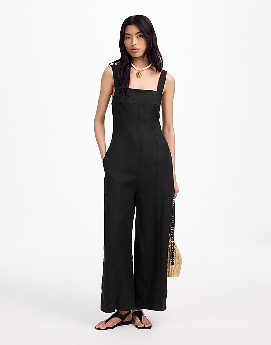madewell Squareneck Wide-Leg Jumpsuit in 100% Linen jet black