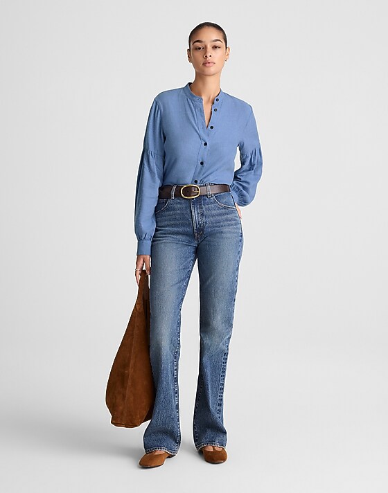 Madewell Stand-Collar Button-Up Shirt In Flannel Hthr Blue