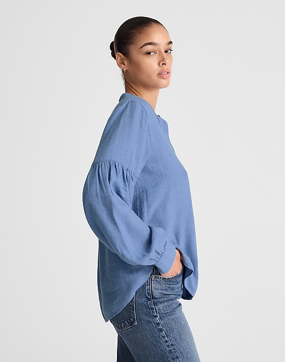 Madewell Stand-Collar Button-Up Shirt In Flannel Hthr Blue