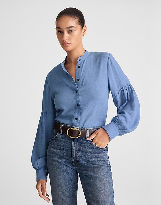 madewell Stand-Collar Button-Up Shirt in Flannel hthr blue