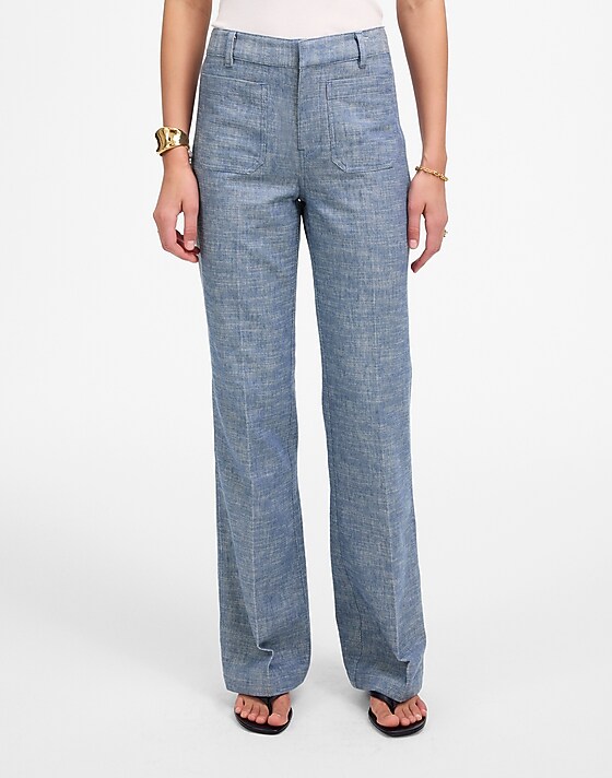 Madewell Straight-Flare Trouser Pants In Cotton Blend Blue Chambray