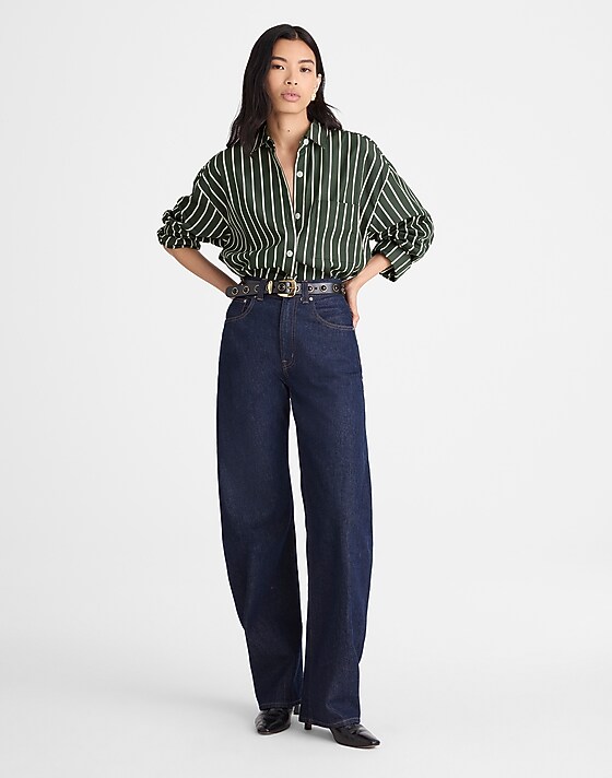Madewell Straight-Hem Shirt In Poplin Dark Green White Stripe