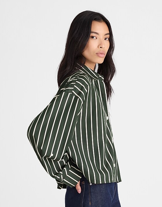 Madewell Straight-Hem Shirt In Poplin Dark Green White Stripe