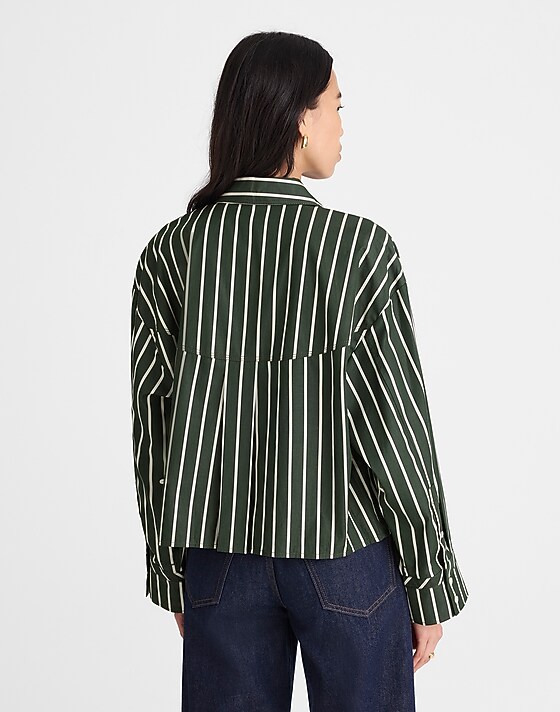 Madewell Straight-Hem Shirt In Poplin Dark Green White Stripe