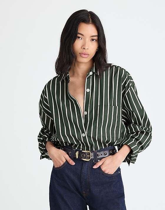 madewell Straight-Hem Shirt in Poplin dark green white stripe