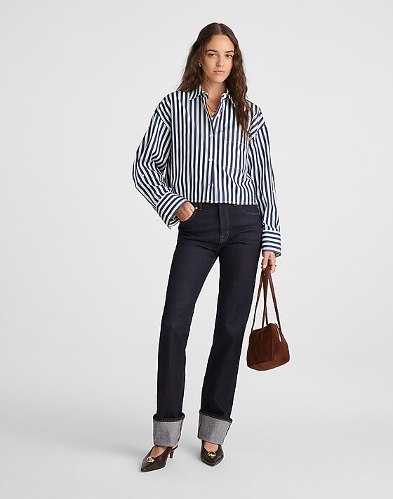 Madewell Straight-Hem Shirt In Poplin Maritime Blue And White