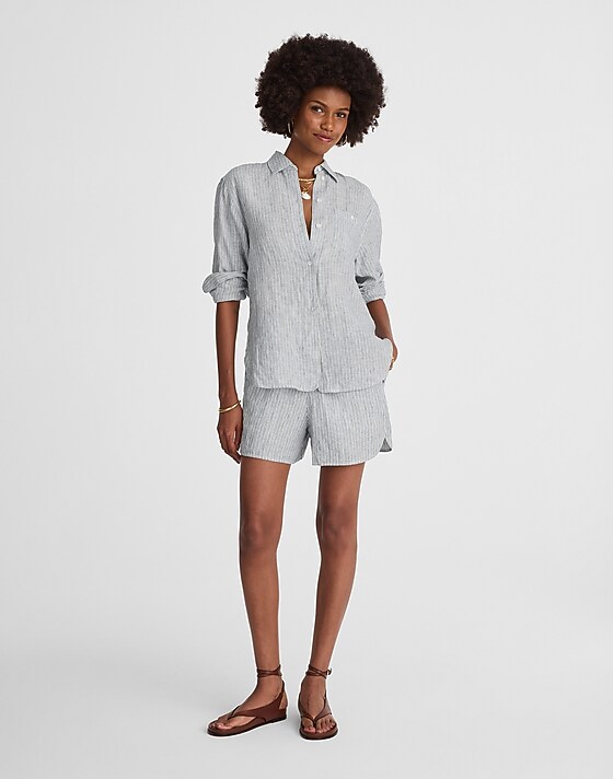 Madewell Striped Button-Up Shirt In 100% Linen Blue White Beachy Stripe