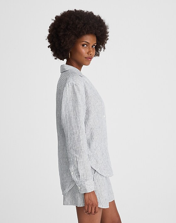 Madewell Striped Button-Up Shirt In 100% Linen Blue White Beachy Stripe