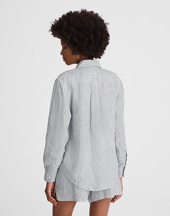 Madewell Striped Button-Up Shirt In 100% Linen Blue White Beachy Stripe