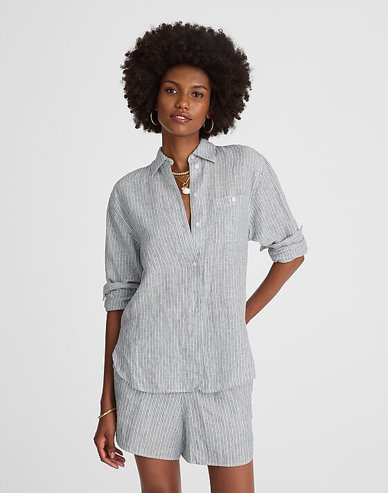 madewell Striped Button-Up Shirt in 100% Linen blue white beachy stripe
