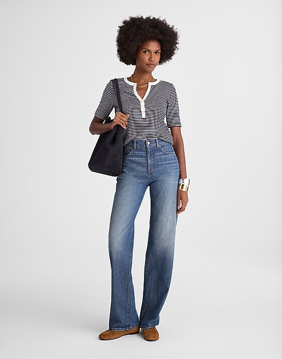 Madewell Striped Elbow-Sleeve Henley Tee Midnight Navy