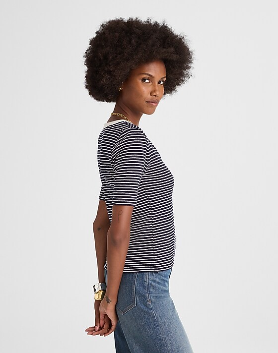 Madewell Striped Elbow-Sleeve Henley Tee Midnight Navy