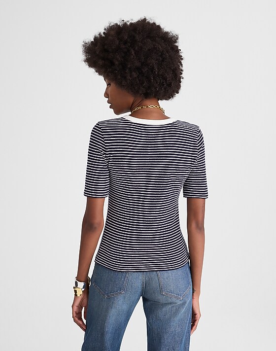 Madewell Striped Elbow-Sleeve Henley Tee Midnight Navy