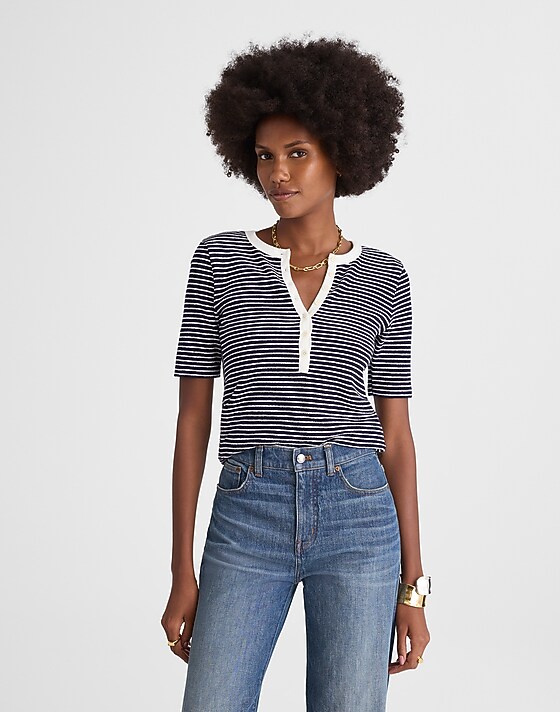 madewell Striped Elbow-Sleeve Henley Tee midnight navy