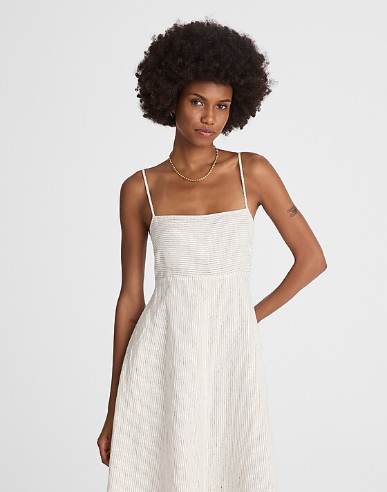 Madewell Striped Empire-Waist Midi Dress In 100% Linen Lighthouse