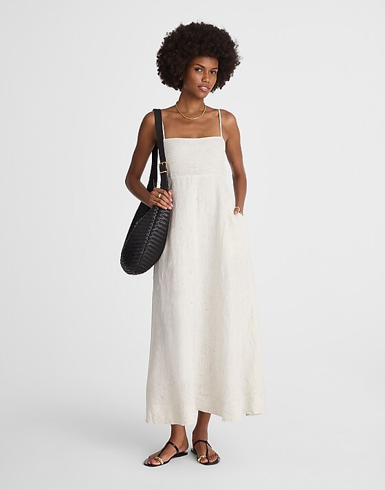 madewell Striped Empire-Waist Midi Dress in 100% Linen lighthouse