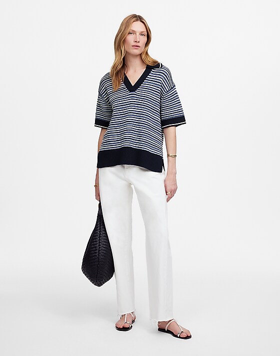 Madewell Striped Johnny-Collar Sweater Tee Blue Trio Stripe