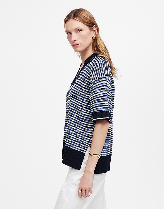 Madewell Striped Johnny-Collar Sweater Tee Blue Trio Stripe