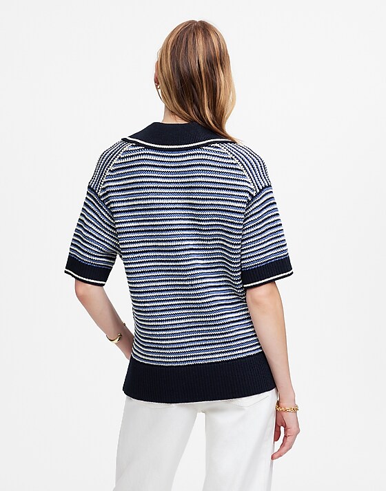 Madewell Striped Johnny-Collar Sweater Tee Blue Trio Stripe
