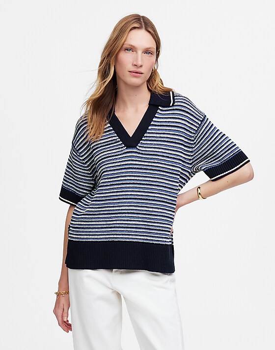 madewell Striped Johnny-Collar Sweater Tee blue trio stripe