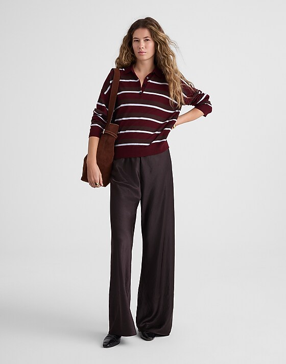 Madewell Striped Polo Sweater In 100% Merino Wool Cabernet Trio Stripe