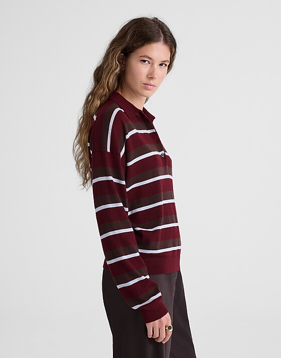 Madewell Striped Polo Sweater In 100% Merino Wool Cabernet Trio Stripe