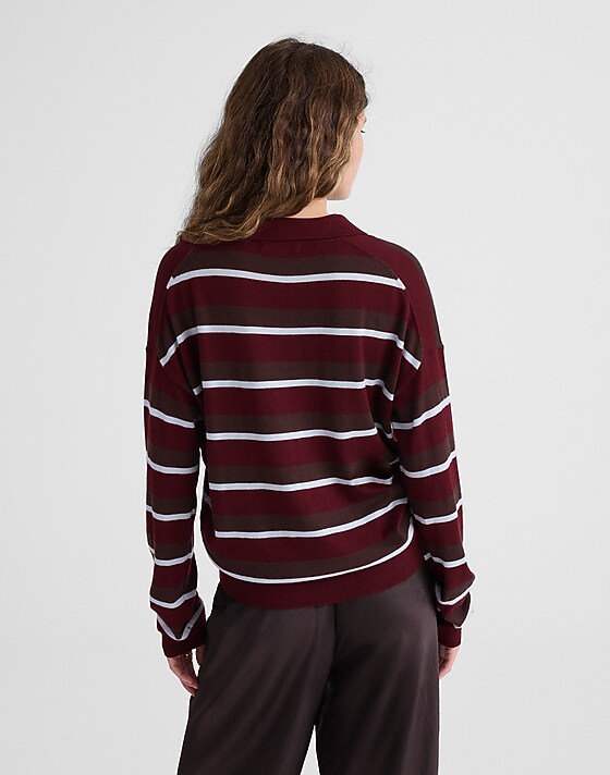 Madewell Striped Polo Sweater In 100% Merino Wool Cabernet Trio Stripe