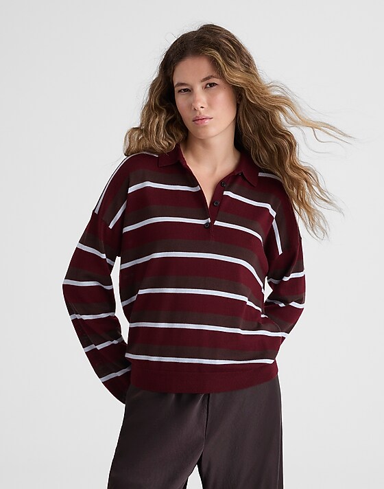 madewell Striped Polo Sweater in 100% Merino Wool cabernet trio stripe