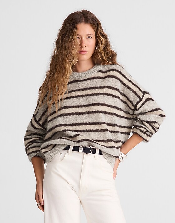 madewell Striped Pullover Sweater in Alpaca Blend black iris trio stripe