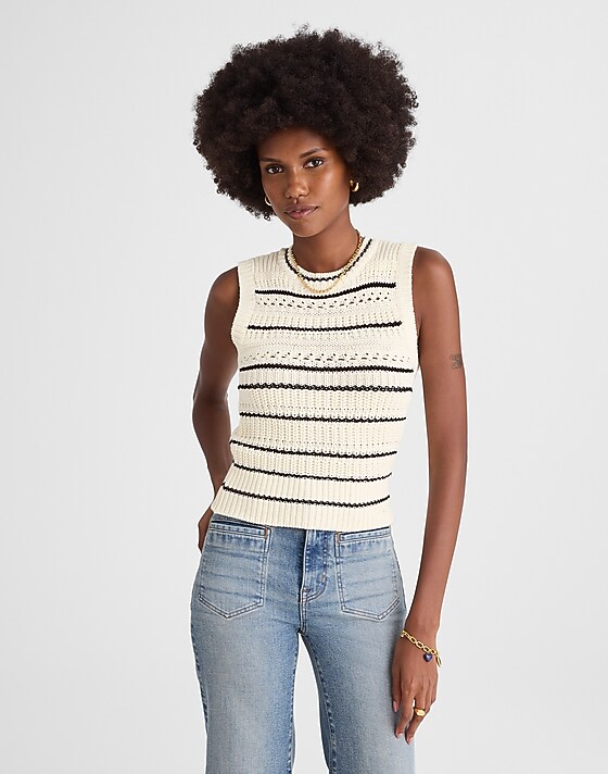 Madewell Striped Sweater Vest In 100% Cotton Jet Black Mini Stripe