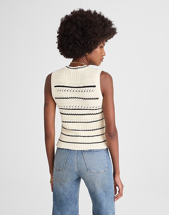 Madewell Striped Sweater Vest In 100% Cotton Jet Black Mini Stripe