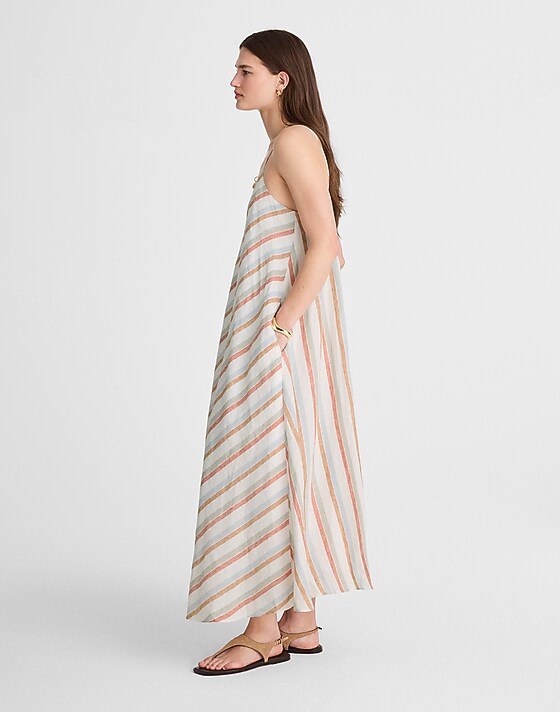 Madewell Striped V-Neck Midi Dress In 100% Linen Brown Red Blue Stripe