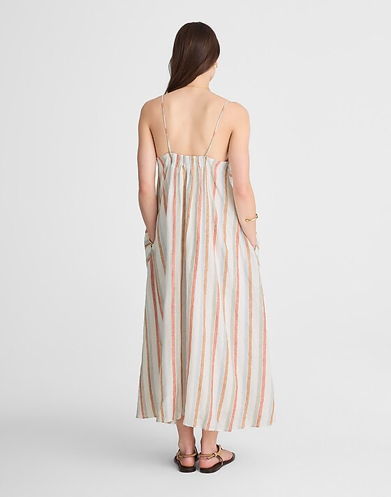 Madewell Striped V-Neck Midi Dress In 100% Linen Brown Red Blue Stripe